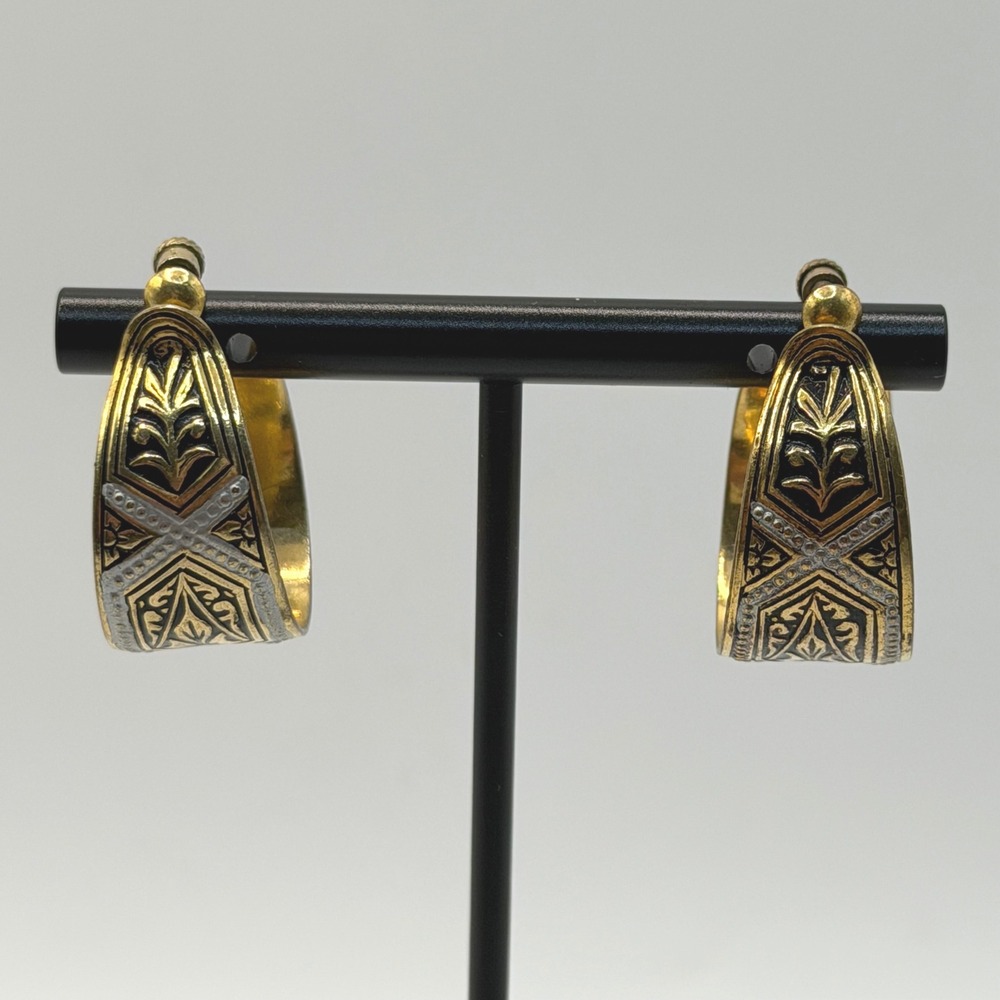 Made in Spain Damascene Hoop Screw Back Earrings Black Gold Silver Tone Vintage